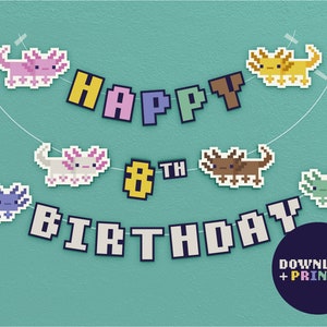 Axolotl-thema Pixel Gamer Party | Verjaardagsbannerdecoratie | Kinderverjaardagsfeestje | Afdrukbaar | Feestslingers: slinger
