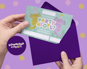 Invitación de cumpleaños de ajolote, estilo pastel kawaii, unisex, ecológica, descarga digital