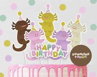 Adorno para tarta de cumpleaños de ajolote, imprimible para fiesta infantil, decoración digital con temática de salamandra, descarga instantánea.