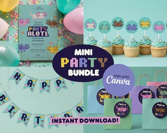 Minipack de fiesta de cumpleaños de ajolotes, editable en Canva, decoraciones para fiestas infantiles con temática Pixel Gamer, imprimible y descarga instantánea.
