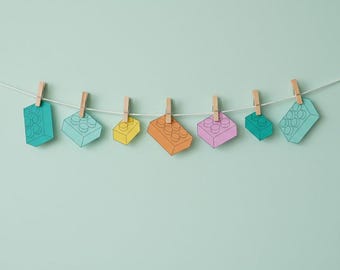 Banner de cumpleaños para fiesta de bloques de construcción / Invitación para fiesta infantil con temática de ladrillos / Guirnalda colorida para fiesta de bloques / Decoración imprimible / Banderines