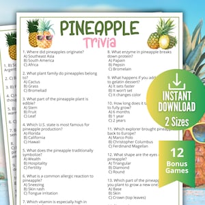Peut inclure: Une feuille de jeu de trivia imprimable sur l'ananas avec des questions à choix multiples. La conception présente un ananas portant des lunettes de soleil, avec les mots "Pineapple Trivia" en haut. Comprend "Téléchargement instantané" et "12 jeux bonus".