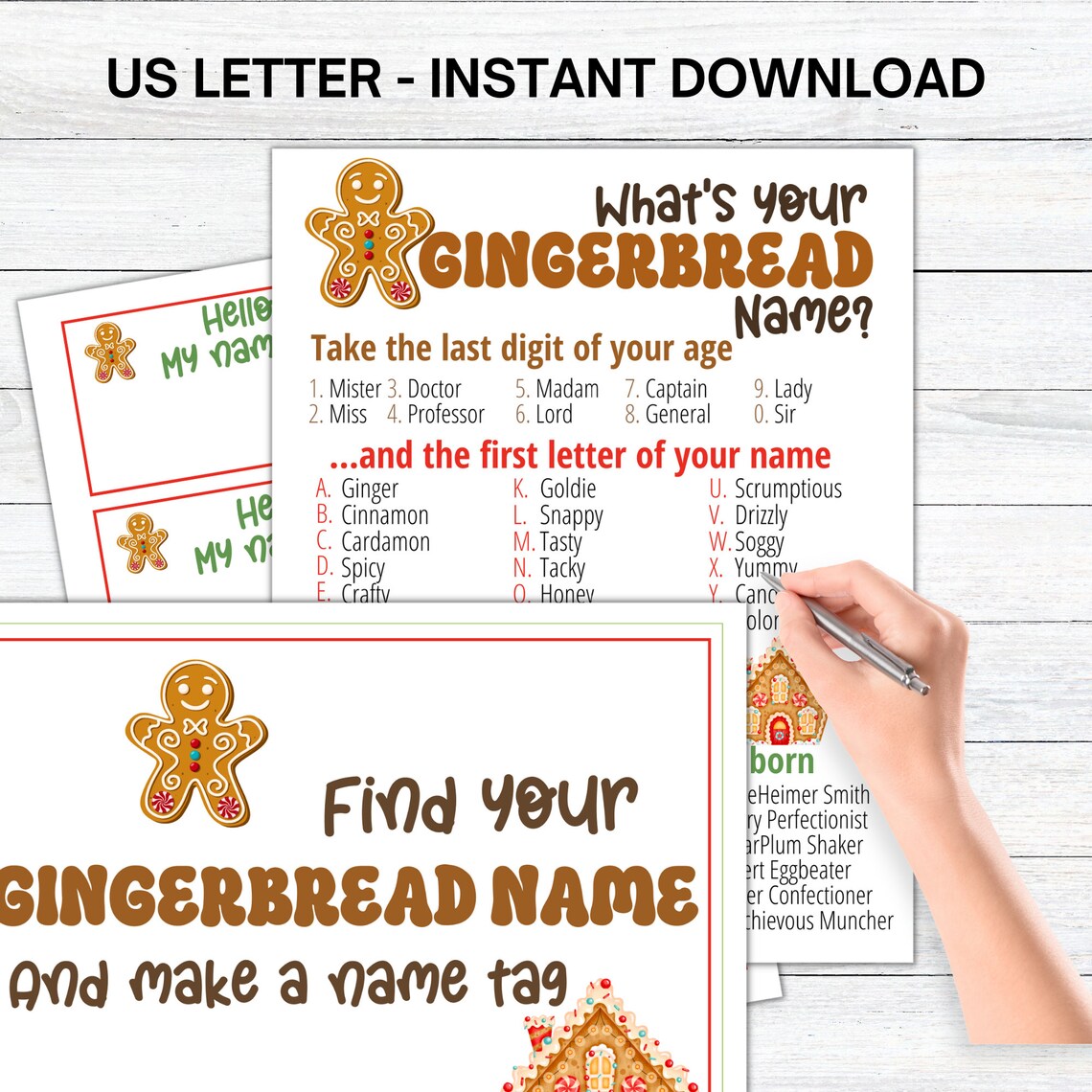 What's Your Gingerbread Name Game WITH NAMETAGS SIGN, Gingerbread Party