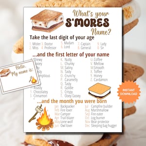 What&#39;s Your S&#39;mores Name Game WITH NAMETAGS + SIGN, Smores Party Game, Camping Birthday Party Activity, Fun for Adults & Kids Printable