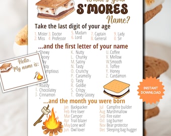 What's Your S'mores Name Game WITH NAMETAGS + SIGN, Smores Party Game, Camping Birthday Party Activity, Fun for Adults & Kids Printable