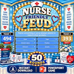 Sjuksköterskevänlig fejd, Uppskattningsspel för sjuksköterskepersonal, Interaktiva PowerPoint-spel med medicinsk frågesport, Insamlingar till sjukhus, Spel för sjuksköterskeexamen