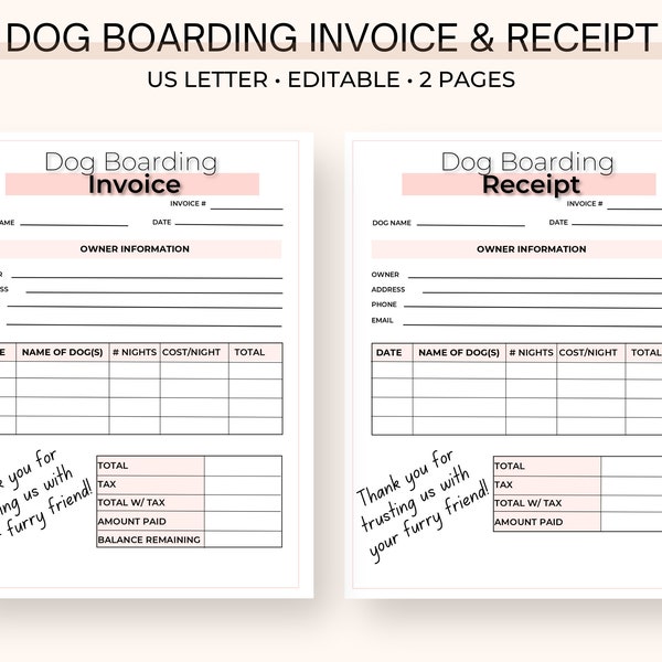 Dog Boarding Invoice, Dog Boarding Receipt - Editable PDF D001