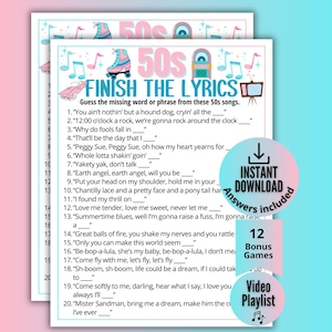 May include: A 50s Finish the Lyrics game sheet featuring a pastel colour palette with illustrations of a roller skate, jukebox, vintage car, and television. The text includes 20 song lyric prompts with missing words and an instant download badge.