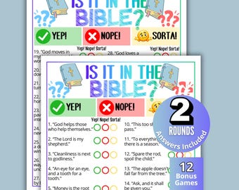 Może przedstawiać: Arkusz do gry z tytułem Is It In The Bible? zawierający listę fraz z polami wyboru Yep, Nope i Sorta. Projekt zawiera ilustracje niebieskich biblii, znaków zapytania oraz fioletową okrągłą odznakę z napisem 2 Rounds.