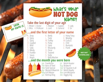 What's Your Hot Dog Name Game with NAMETAGS & SIGN, Hot Dog Party Game, Barbeque Cookout, summer BBQ and Bratwurst, Adults/Kids Printable