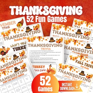 Thanksgiving Game Bundle, Fall Trivia Games, 52 Fun Printable Games for adults and kids, Friendsgiving Games,Thanksgiving Family Activities