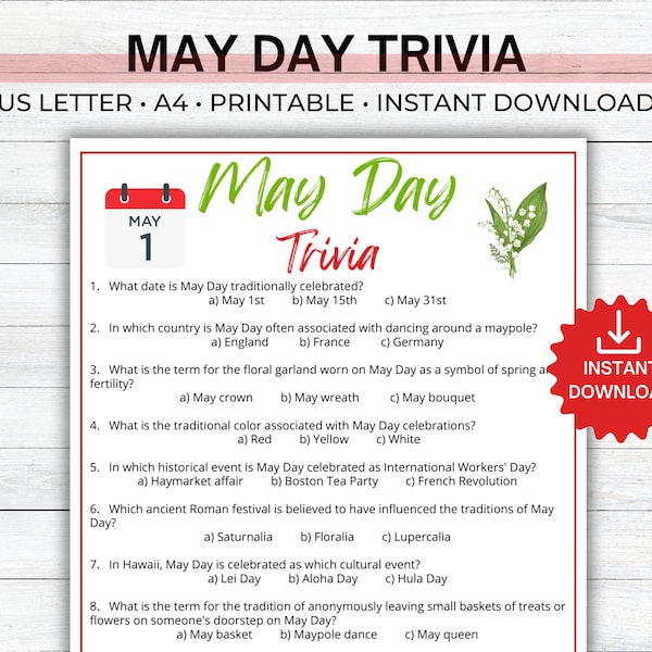 May Day Trivia Game, Printable May Day Game for the Family, Classroom May Day Activity, May Day Party Idea, Spring time festival