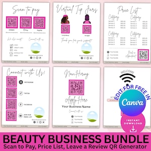 Bearbeitbares Haar geflochten Scan, um Flyer zu bezahlen, Canva Beauty Business QR-Code-Bundle, Maniküre Preisliste Vorlage, Friseur Hinterlasse eine Bewertung,