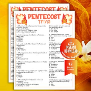 Könnte beinhalten: Zwei Quiz-Spielbögen zum Pfingstfest mit Fragen und Antworten, mit einer roten und gelben Flammen-Grafik. Ein runder Aufkleber mit den Worten "Sofortiger Download" und "12 Bonusspiele" ist enthalten.
