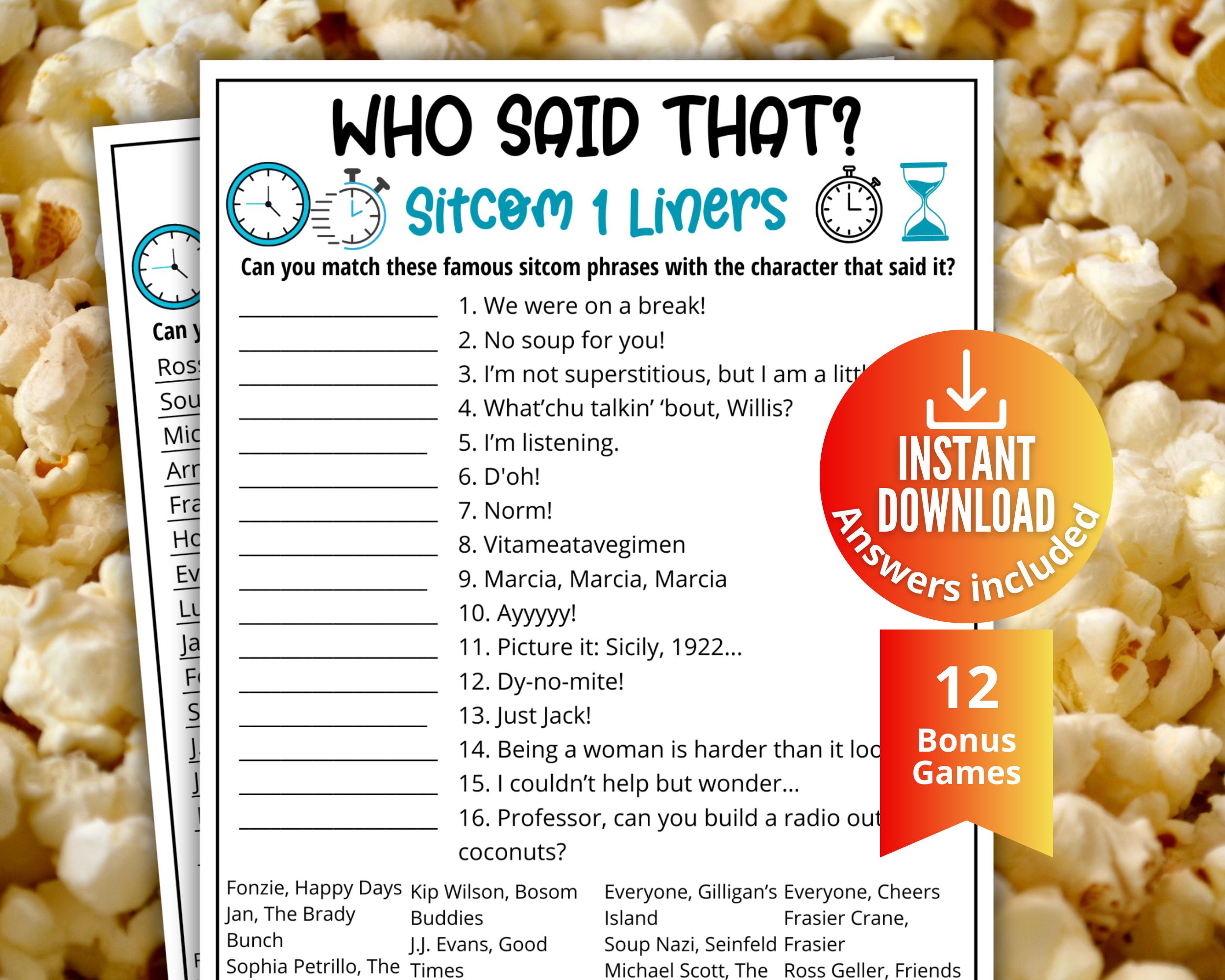 TV Sitcom Trivia Game, Television 1 Liners Quiz, Pop Culture Game for ...