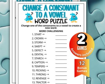 Pop Culture Trivia Game,Brainteaser Word Puzzle,Change a Consonant to a Vowel,Printable Game for Teens Adults,Family Game Night,Office Party