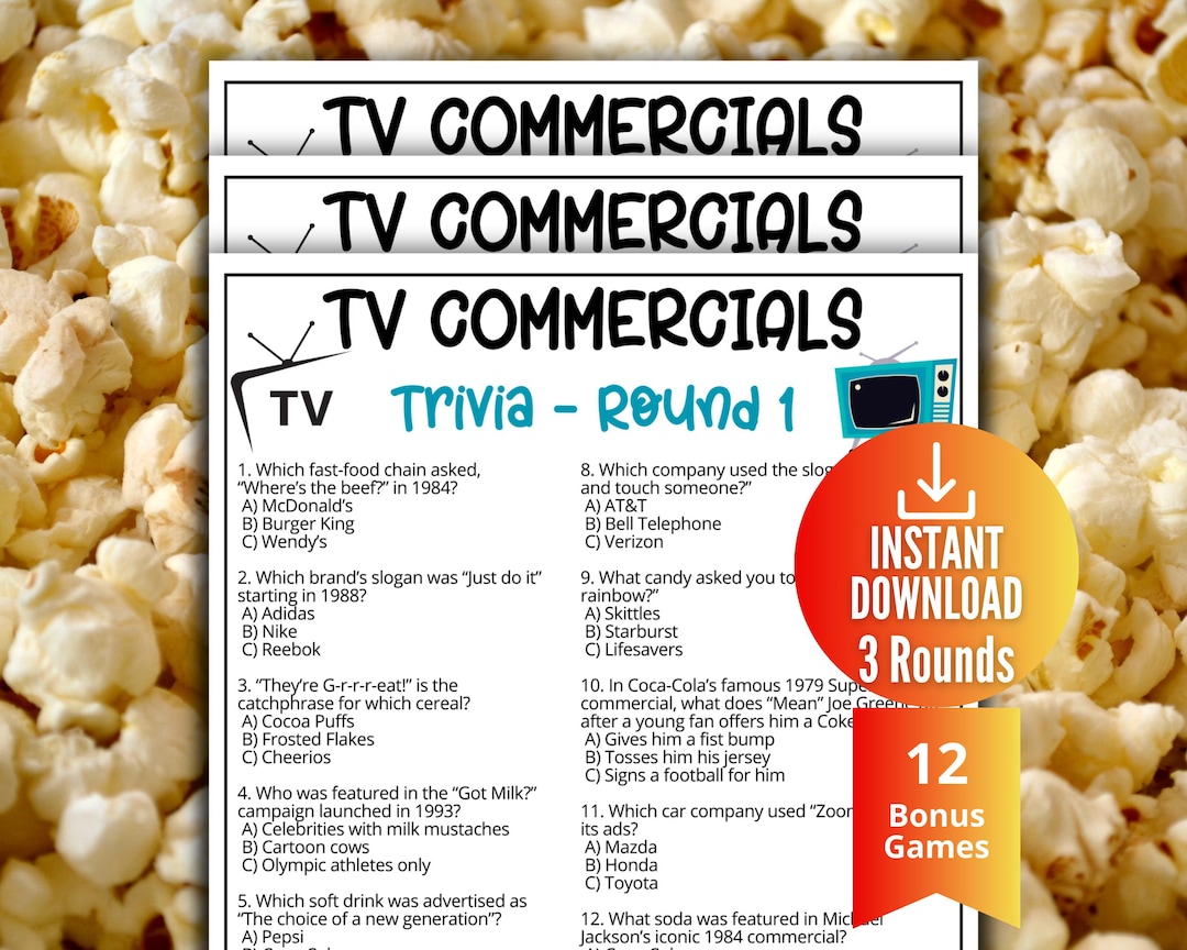 TV Commercials Trivia Game, TV Ad Slogans Quiz,printable TV Commercial ...