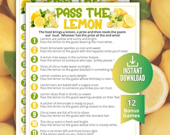 Pass the Lemon Game, Fun Printable Lemon Party Game for Adults & Kids, Pass the Prize Lemon Theme, Lemon Birthday, Baby Shower Bridal Shower