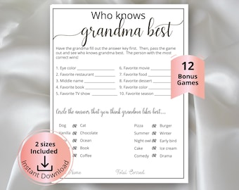 Who Knows Grandma Best Game, Printable Mother's Day Game, Grandparents Day, Grandmother's Birthday Game, Grandkids questionnaire Activity