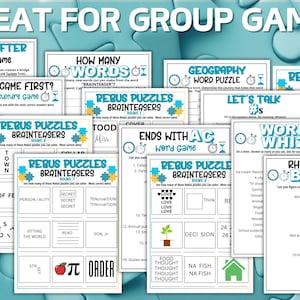 May include: A collection of printed game sheets for group activities, featuring titles like Rebus Puzzles, Word Whiz, and Rhymes with Brain. The white papers display black text, blue headers, and clock icons, all arranged against a light blue puzzle background.