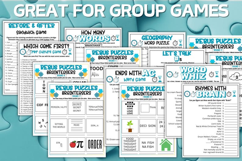 May include: A collection of printed game sheets for group activities, featuring titles like Rebus Puzzles, Word Whiz, and Rhymes with Brain. The white papers display black text, blue headers, and clock icons, all arranged against a light blue puzzle background.
