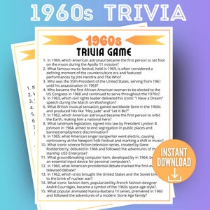 1960s Decade Trivia Game, Trivia Questions, 60s Trivia Quiz, 1960s Themed Party, Family Game Night, Party Games for adults, Birthday idea