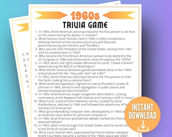 1960s Decade Trivia Game, Trivia Questions, 60s Trivia Quiz, 1960s Themed Party, Family Game Night, Party Games for adults, Birthday idea