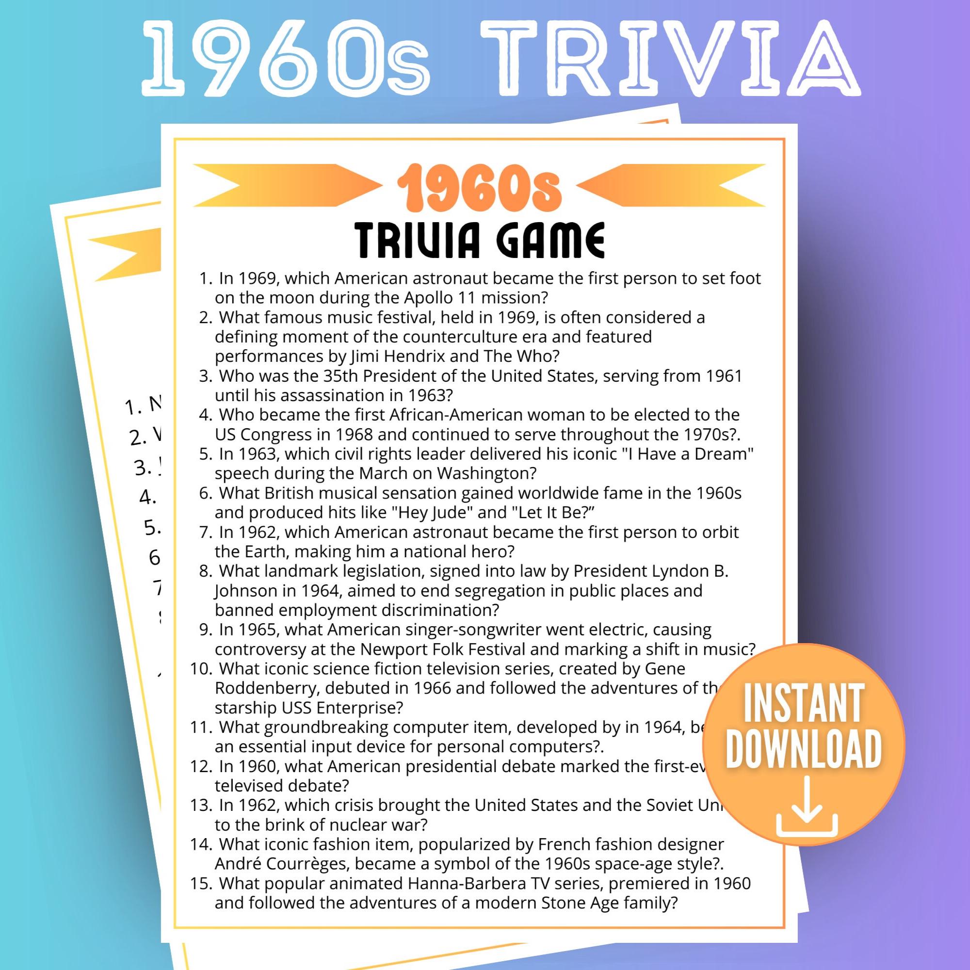 1960s Decade Trivia Game, Trivia Questions, 60s Trivia Quiz, 1960s Themed Party, Family Game ...