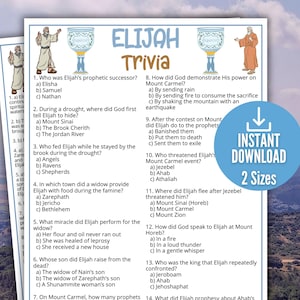May include: A printable Elijah Trivia game with questions and answers, featuring illustrations of biblical figures and a chalice. The game is available in two sizes and includes the words "Instant Download".
