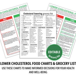 Lower Cholesterol Grocery List, Low Cholesterol Meal Planner, Low Cholesterol Diet, Fillable and Editable Grocery List,Digital Download H001