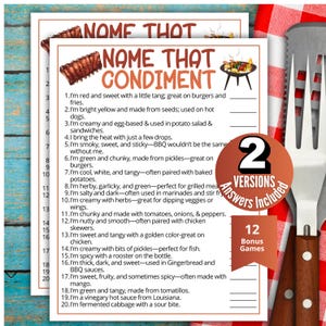 May include: Two printed sheets with the title "Name That Condiment" and a list of clues. The sheets are designed for a party game, with a barbecue grill graphic and a "2 Versions Included" sticker.