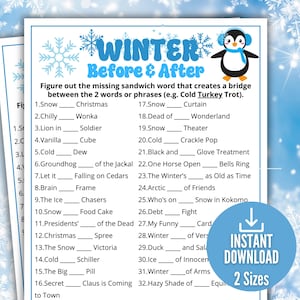 May include: A printable Winter Before & After word game sheet featuring a blue and white snowflake border, a cartoon penguin wearing blue earmuffs and a scarf, and a list of 32 fill-in-the-blank phrases with an instant download badge.