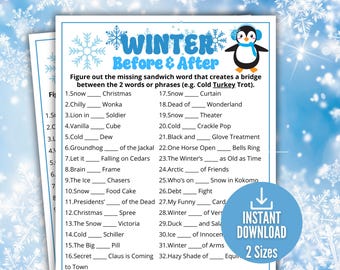 Könnte beinhalten: Ein weißes Spielblatt mit dem Titel Winter Before & After, das einen Cartoon-Pinguin mit blauen Ohrenschützern und Schal zeigt. Der Text enthält 32 Lückentext-Rätsel mit Schneeflockengrafiken am oberen Rand und einem Sofort-Download-Abzeichen.