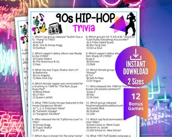 90s Hip-Hop Trivia Game, Rap Music Quiz,1990s Printable Pop Culture Game Teens&Adults,Party Games, Black Culture Music,Name That Rap Hip Hop