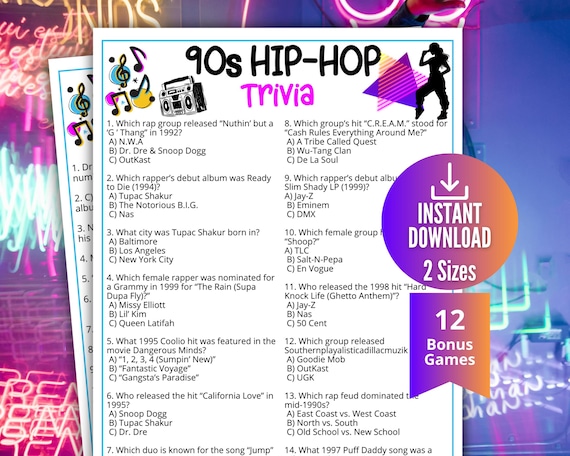 90s Hip-hop Trivia Game, Rap Music Quiz,1990s Printable Pop