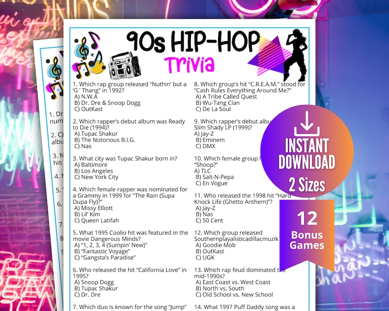 K&ouml;nnte beinhalten: Ein druckbares 90er-Hip-Hop-Quizspiel mit Multiple-Choice-Fragen. Das Spiel enth&auml;lt Fragen zu Rap-Gruppen, Alben und K&uuml;nstlern. Das Design zeigt eine Boombox, Noten und die Worte "Sofort-Download" und "2 Gr&ouml;&szlig;en".