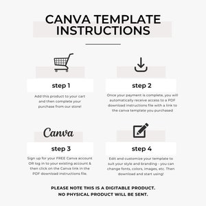 May include: A step-by-step guide on how to use Canva templates. The instructions include adding the product to your cart, completing the purchase, downloading the Canva template, and customizing it. The text includes the phrase "PLEASE NOTE THIS IS A DIGITABLE PRODUCT. NO PHYSICAL PRODUCT WILL BE SENT."