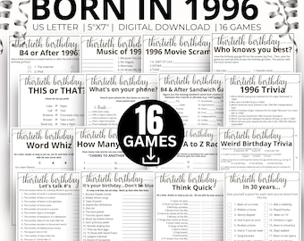 Feestspellen 30e verjaardag, spel Born in 1996, Verjaardagsspellen 1996, 30e verjaardag spelbundel cadeau, Trivia-quiz 1996, Popcultuurspel 1996