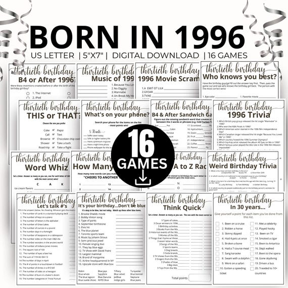 30th Birthday Party Games, Born in 1996 Game, 1996 Birthday Games, 30th Birthday Game Bundle Gift, 1996 Trivia Quiz, 1996 Pop Culture Game