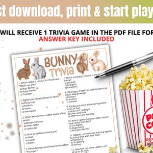 May include: A trivia game sheet titled "Bunny Trivia" with multiple-choice questions about rabbits, a pen, and a popcorn container. The text "Just download, print & start playing" is at the top.