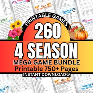 May include: A colorful graphic featuring the text "PRINTABLE GAMES 260 4 SEASON MEGA GAME BUNDLE Printable 750+ Pages INSTANT DOWNLOAD". The image includes seasonal graphics, such as flowers, a basket of apples and a pumpkin.