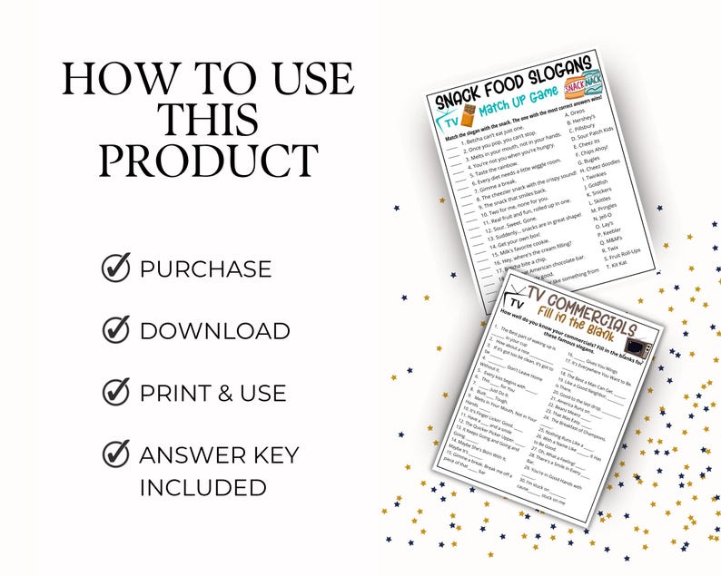 May include: A white background with text that reads "HOW TO USE THIS PRODUCT" and instructions to purchase, download, print & use, and answer key included. Two game sheets are also visible, one titled "SNACK FOOD SLOGANS" and the other "TV COMMERCIALS".
