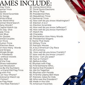 May include: A printed list titled GAMES INCLUDE: featuring 70 numbered patriotic and election-themed activities ranging from Labor Day Trivia to American Favorites, displayed alongside a vertical graphic of the American flag on the right side.