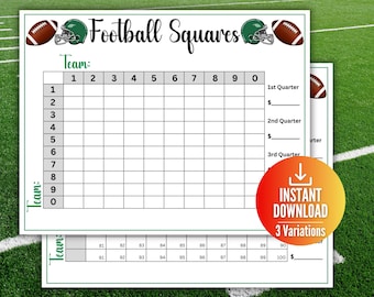 May include: Printable football squares game with a green and white football theme. The game includes a grid with numbers 1-10 and a section for each quarter of the game. The text "Football Squares" is at the top of the page.