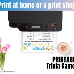 May include: Printable trivia game with a spring theme. The game features a colorful illustration of a butterfly, flowers, and a sun. The text on the game says "The color yellow" and "Spring".