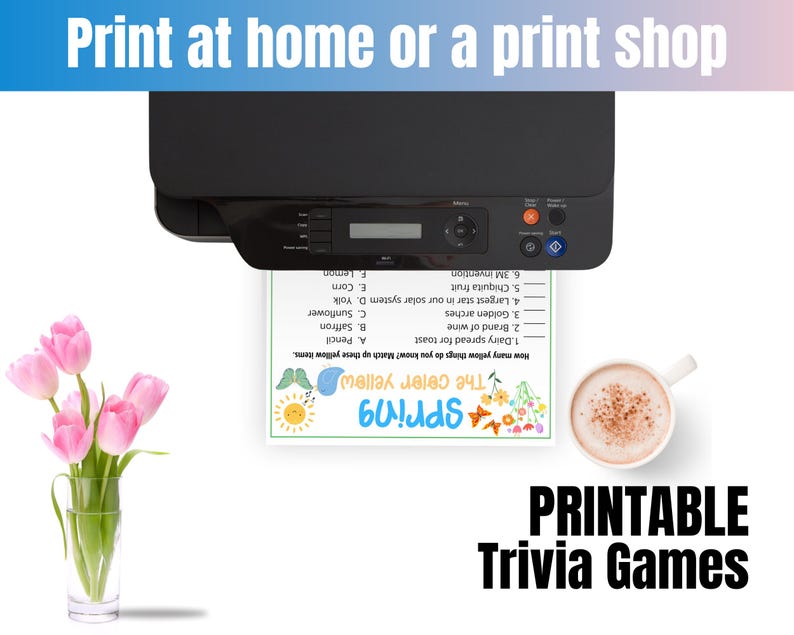 May include: Printable trivia game with a spring theme. The game features a colorful illustration of a butterfly, flowers, and a sun. The text on the game says "The color yellow" and "Spring".