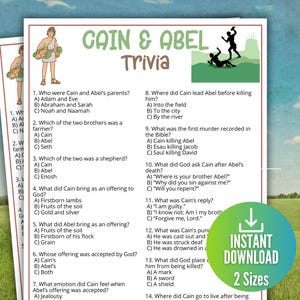 May include: A printed trivia game sheet titled Cain & Abel Trivia featuring thirteen multiple-choice questions about the biblical story. The document includes a cartoon illustration of a person holding vegetables and a silhouette graphic of two figures.