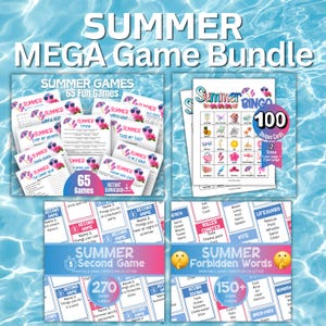 Könnte beinhalten: Ein Sommer-Spielpaket mit verschiedenen druckbaren Spielen. Das Bild zeigt Spielkarten, Bingokarten und andere Spielmaterialien mit sommerbezogenen Grafiken und Texten. Enthält Spiele wie "Summer Bingo" und "Summer Second Game".