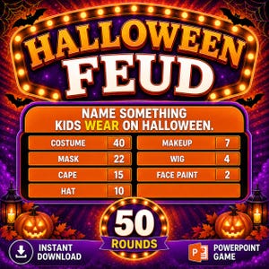 May include: A Halloween Feud game board featuring a marquee sign with the text HALLOWEEN FEUD, a question asking to name something kids wear on Halloween, and a scoreboard listing answers like costume, mask, cape, hat, makeup, wig, and face paint.