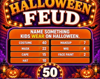 Halloween Friendly Feud-spel, Halloween-activiteit voor kinderen, tieners, volwassenen en senioren, Halloween-quiz voor het hele gezin (PowerPoint), herfstfeestspel